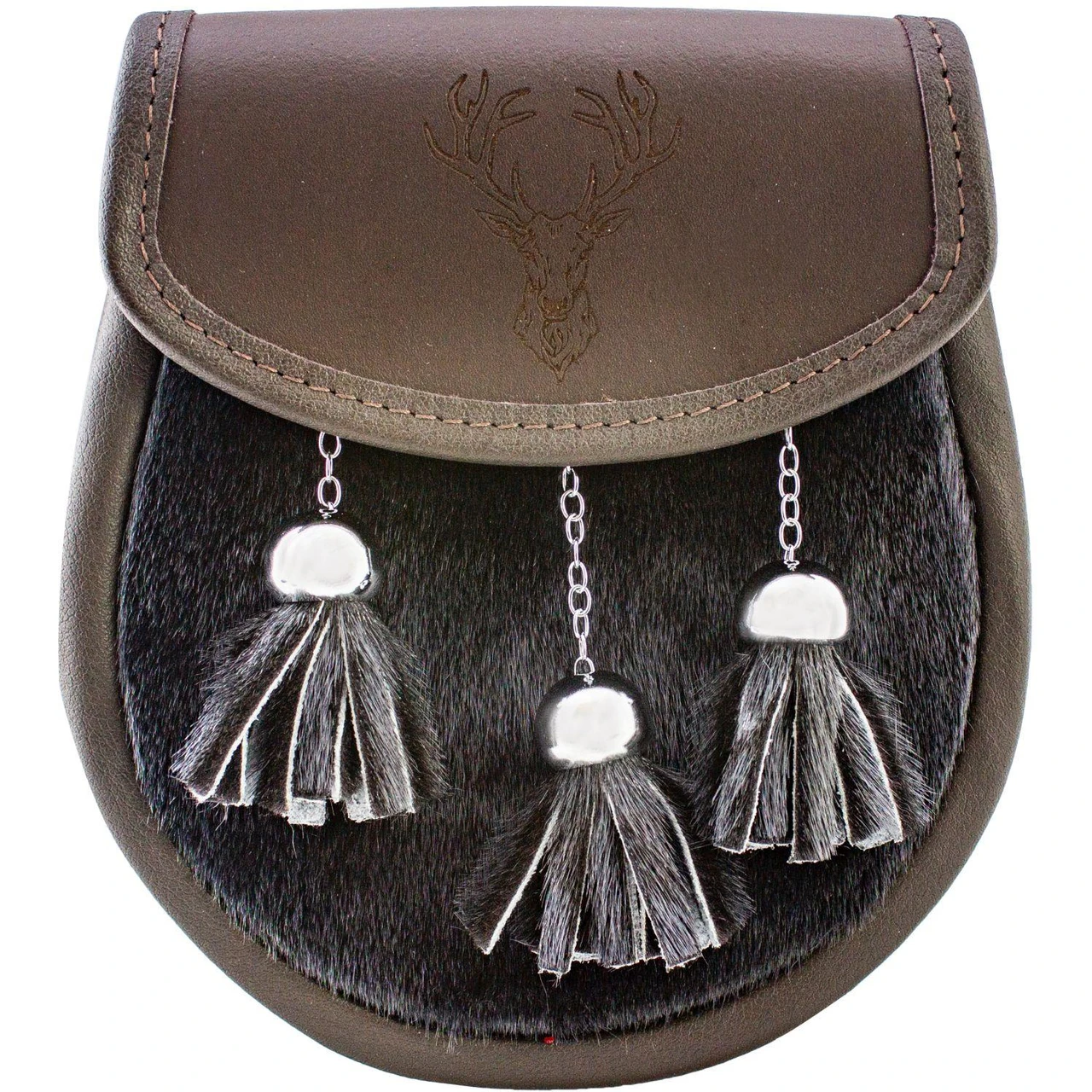 Semi Dress Sporran Brown Leather Polished Black Fur Body and Tassels Embossed Stag Lid