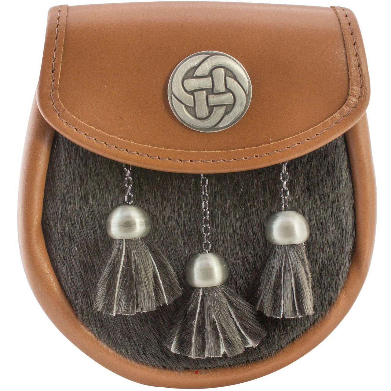 Semi Dress Sporran Black Fur Tan Leather with Celtic Knot Shield in Matt Finish