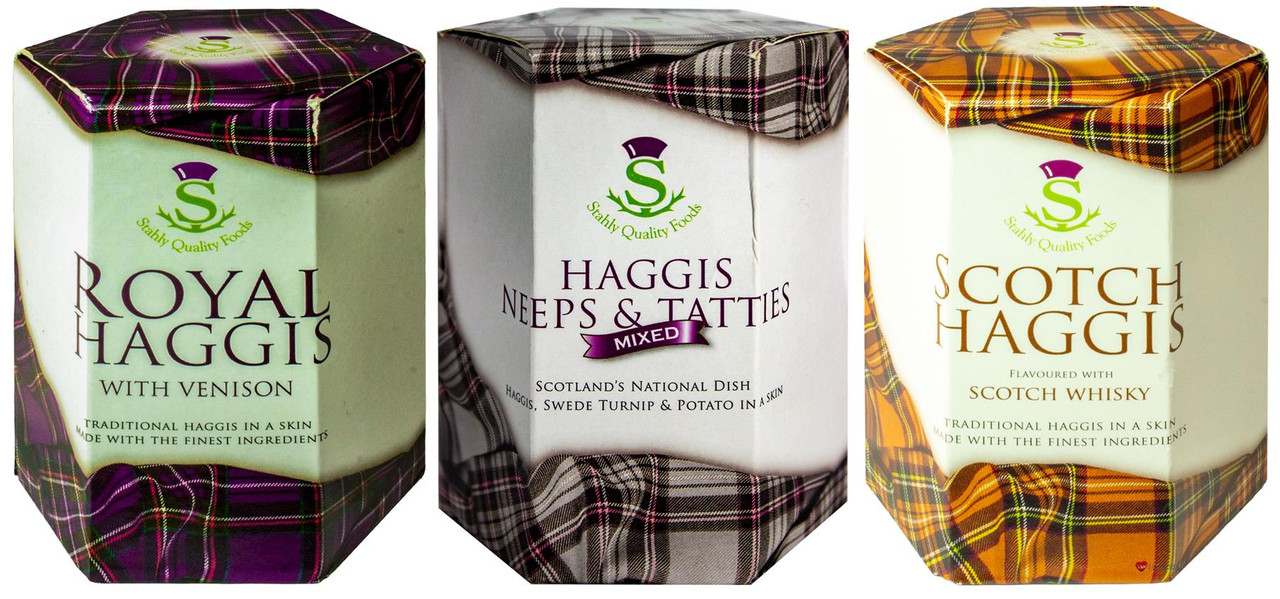 Scottish Haggis 3 Pack: Traditional with Venison, Neeps & Tatties Haggis Mix, and Scotch Whisky Flavour Haggis