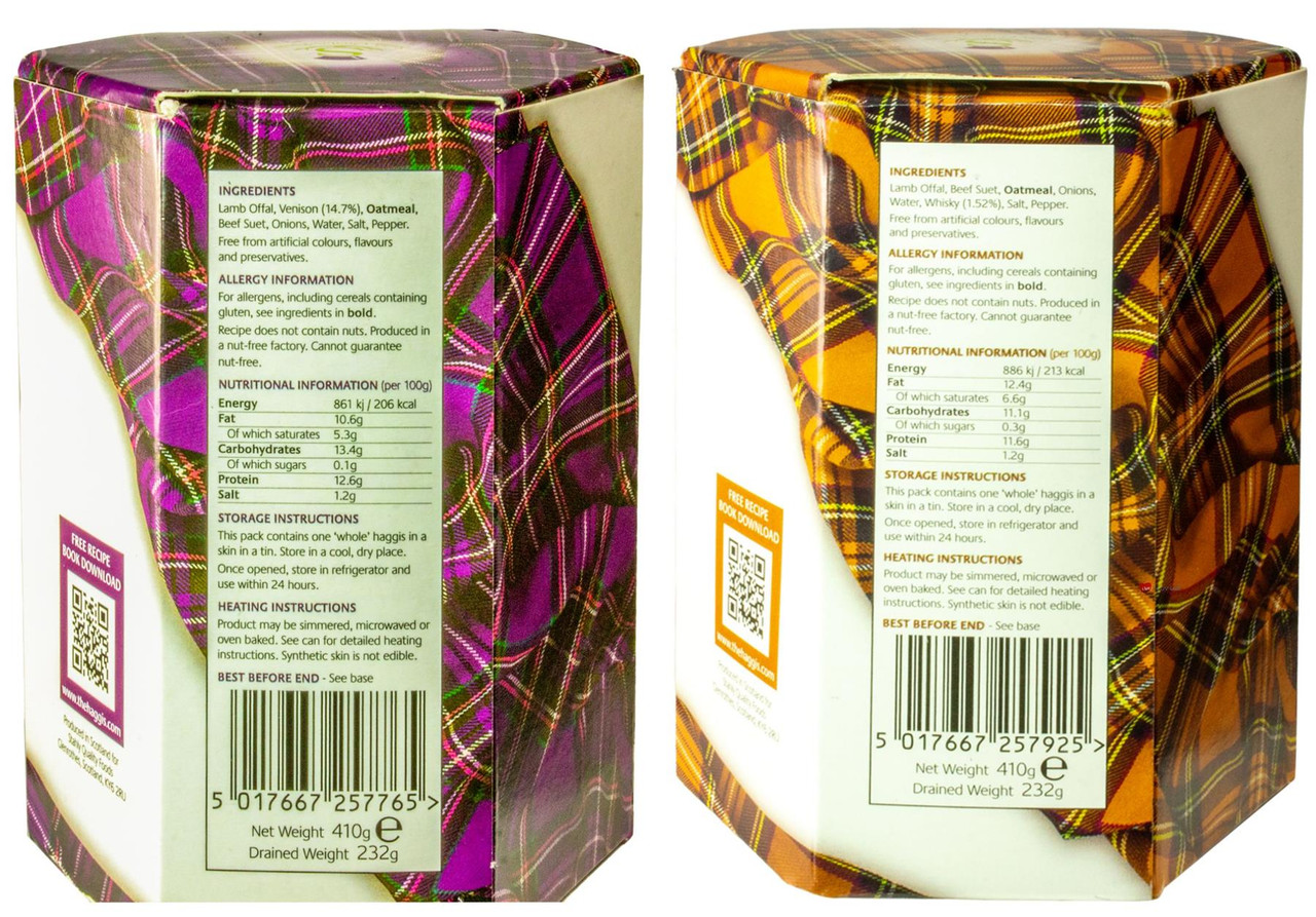 Scottish Venison Haggis and Scotch Whisky Haggis Tin Selection of 2 Tins Made in Scotland