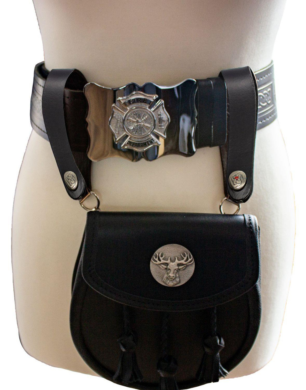 Sporran Strap Leather Suspenders Button Clasp Plain & Celtic Design