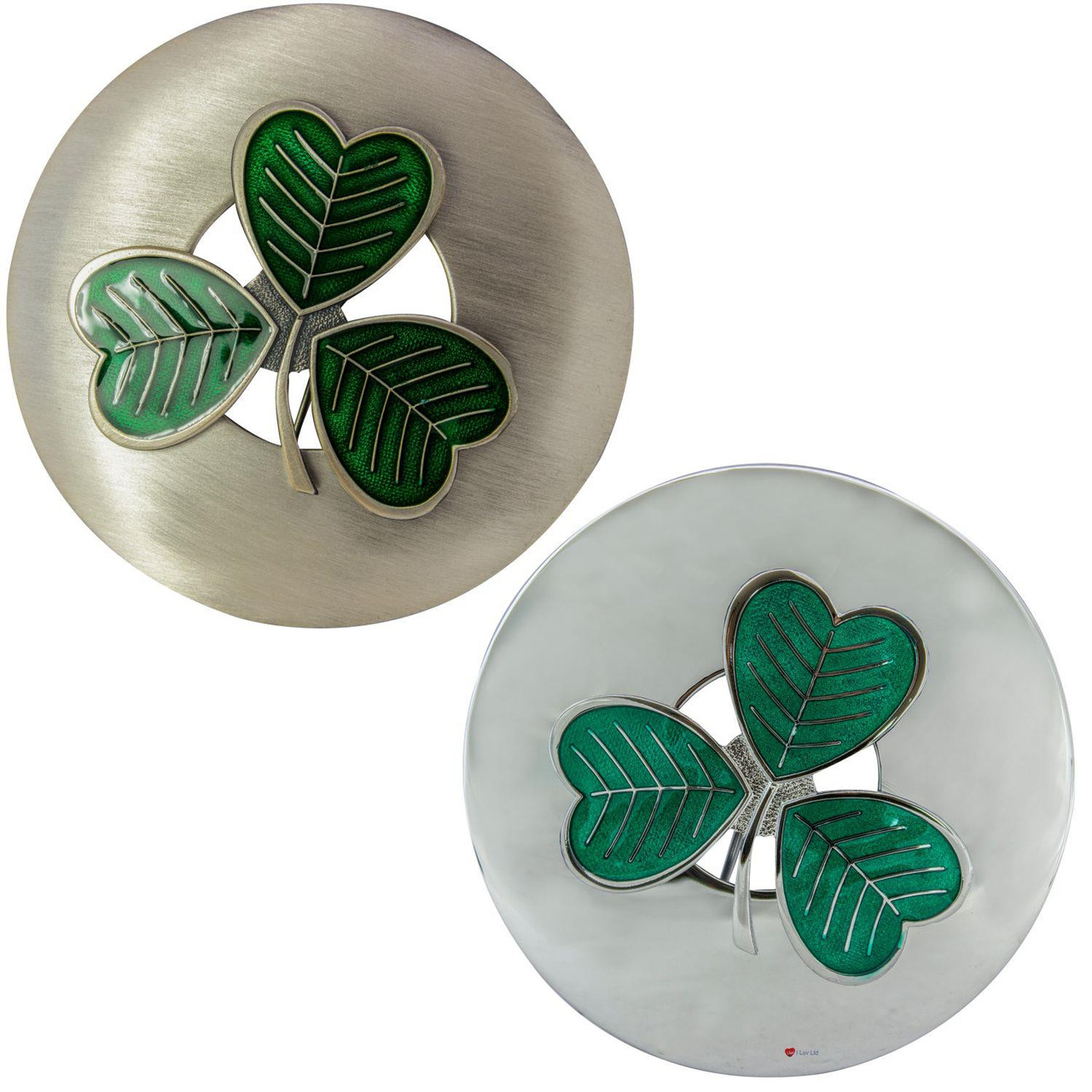 Scottish Fly Plaid Brooch Irish Shamrock 3 Leaf Clover in Antique & Chrome