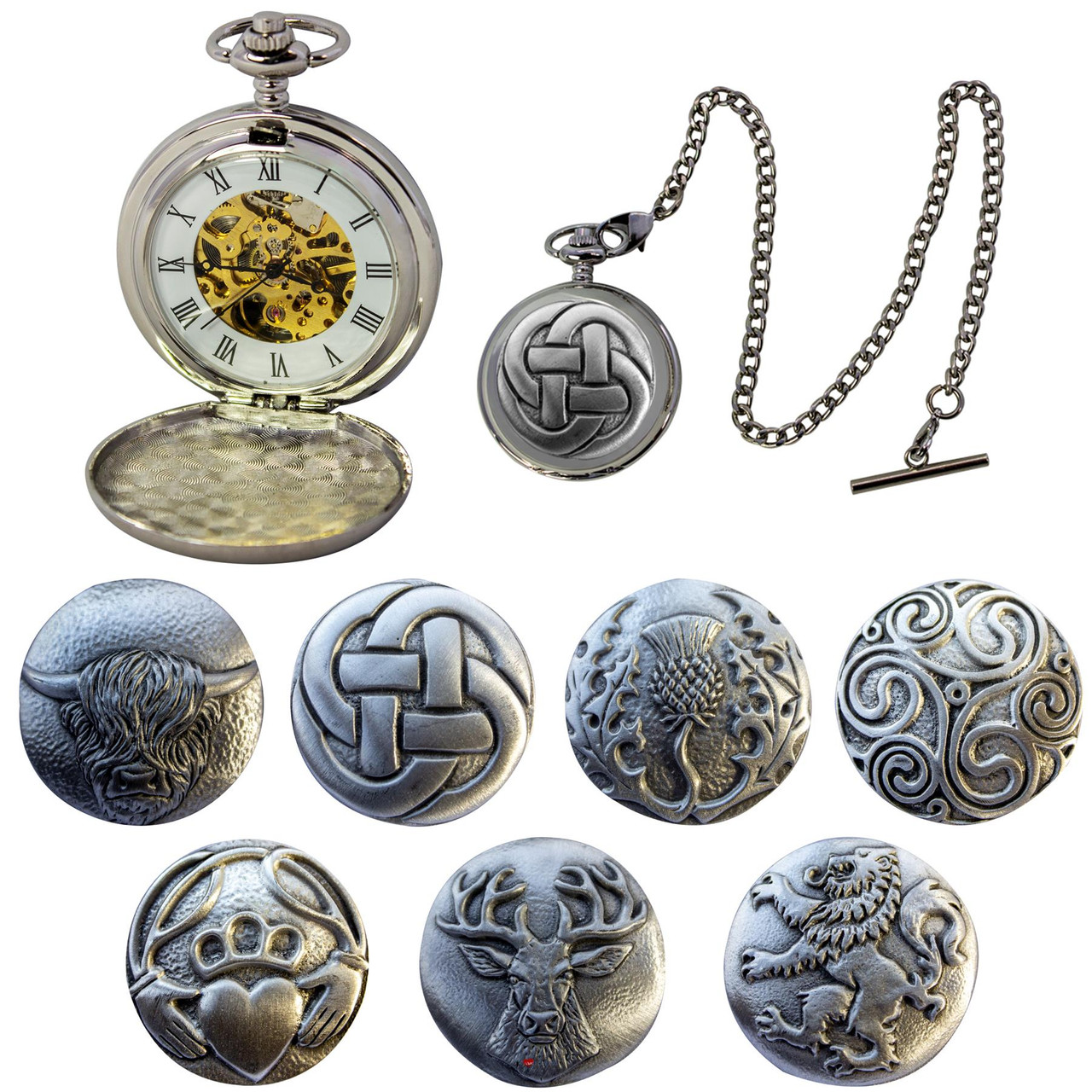 Mechanical Pocket Watch Scottish 7 Design Double Hunter Skeleton with T-Bar Chain