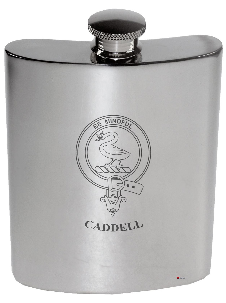 Caddell Family Crest 6oz Polished Pewter Kidney Flask