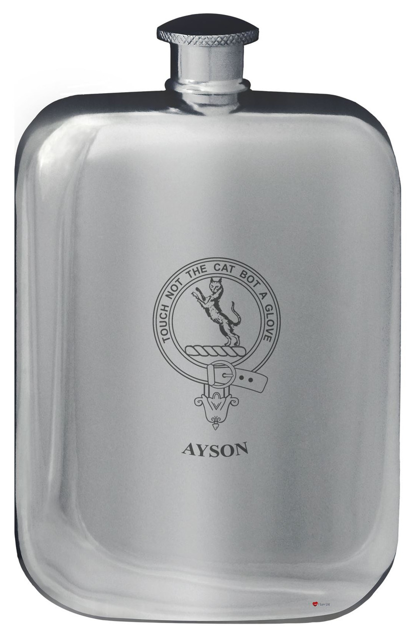 Ayson Family Crest Design Pocket Hip Flask 6oz Rounded Polished Pewter