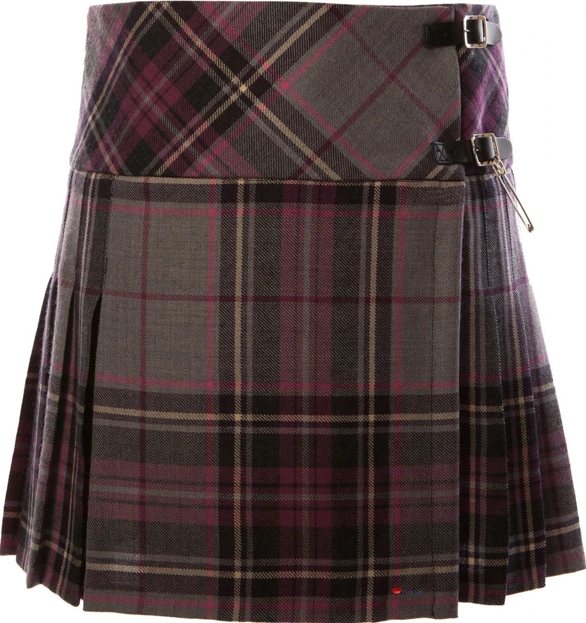 Ladies Pure Wool Tartan Billie Kilt 15" Length Grey Purple