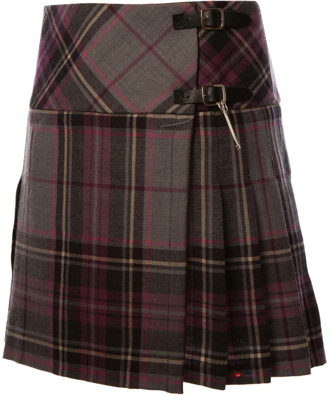Ladies Pure Wool Tartan Billie Kilt 15" Length Grey Purple