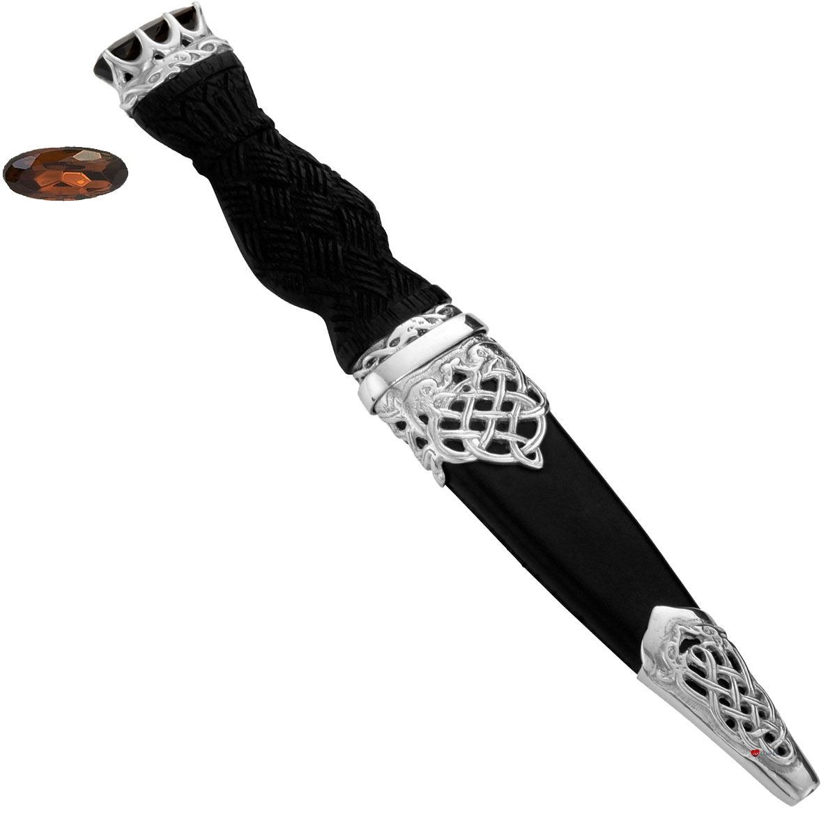 Sgian Dubh Sterling Silver Open Celtic Serpents & Smokey Quartz Cap