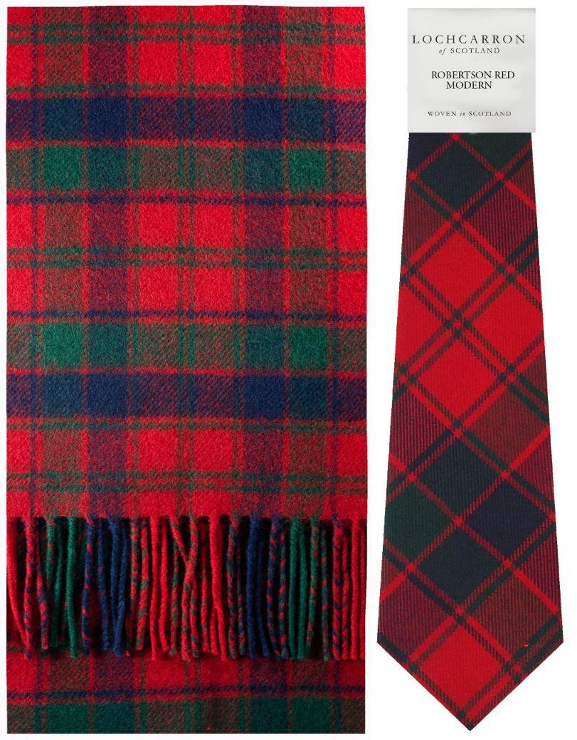 Robertson Red Modern Tartan Brushwool Scarf & Tie Gift Set Scottish Clan