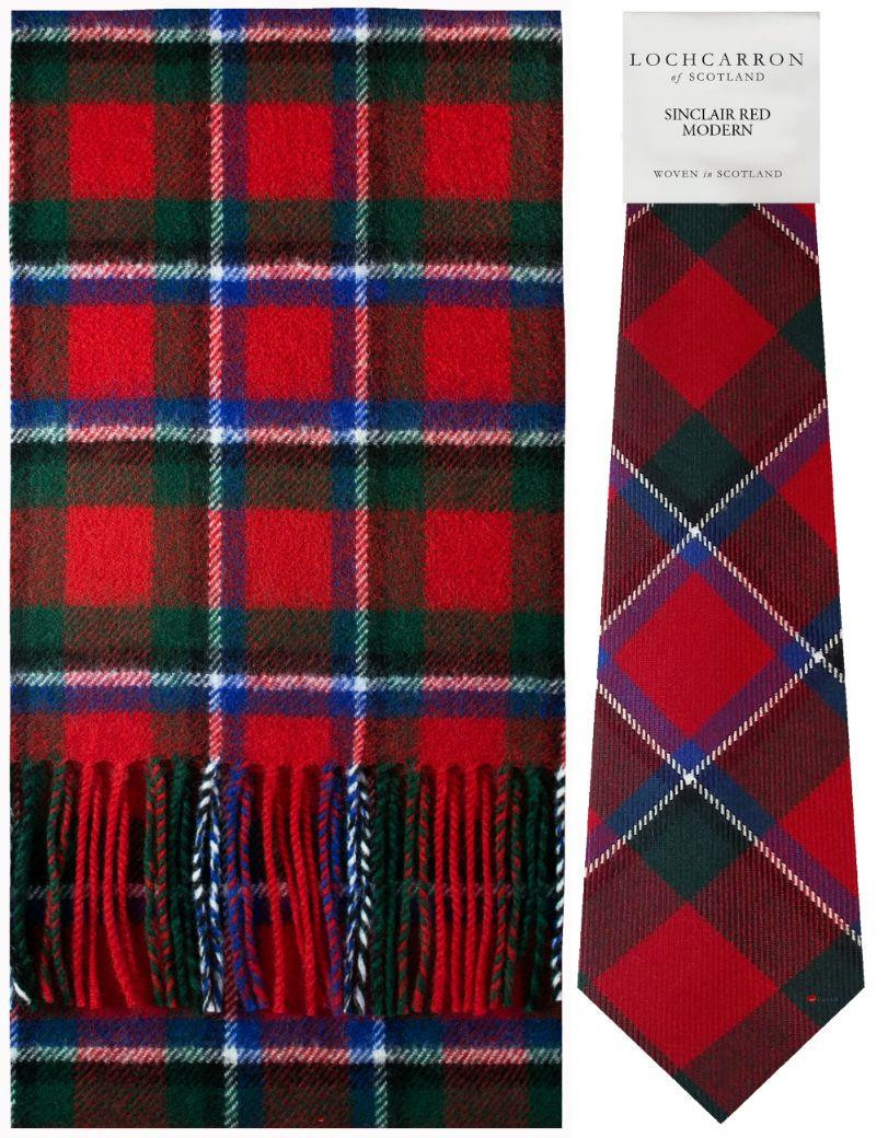 Sinclair Red Modern Tartan Brushwool Scarf & Tie Gift Set Scottish Clan