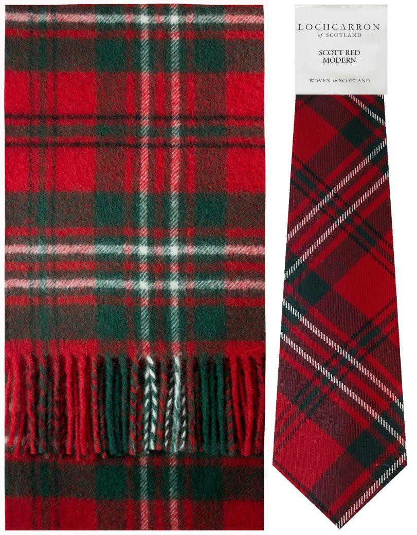 Scott Red Modern Tartan Brushwool Scarf & Tie Gift Set Scottish Clan