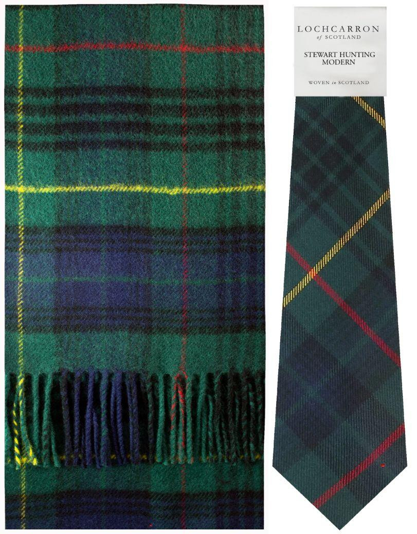 Stewart Hunting Modern Tartan Brushwool Scarf & Tie Gift Set Scottish Clan