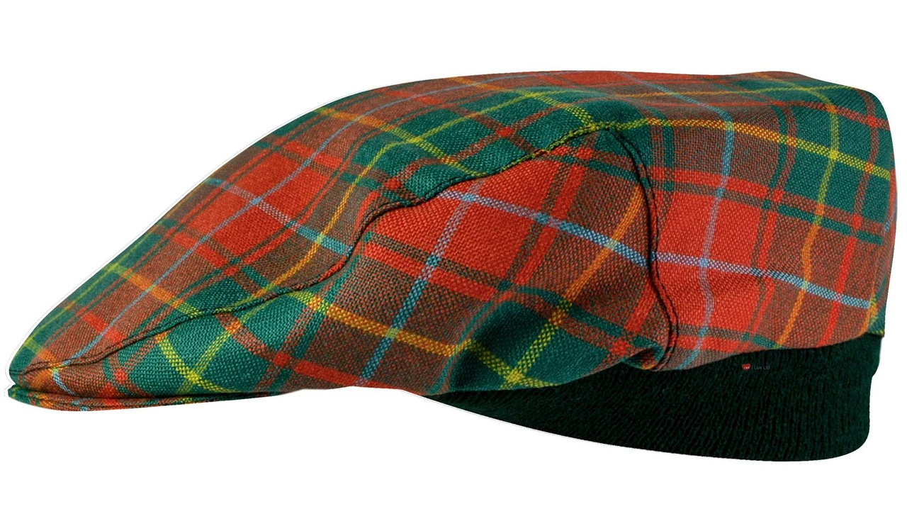 Mens Tartan Flat Cap Burnett Ancient Tartan Plaid Design Mens and Womens One size Elasticated Band Comfort Fit Scottish Made