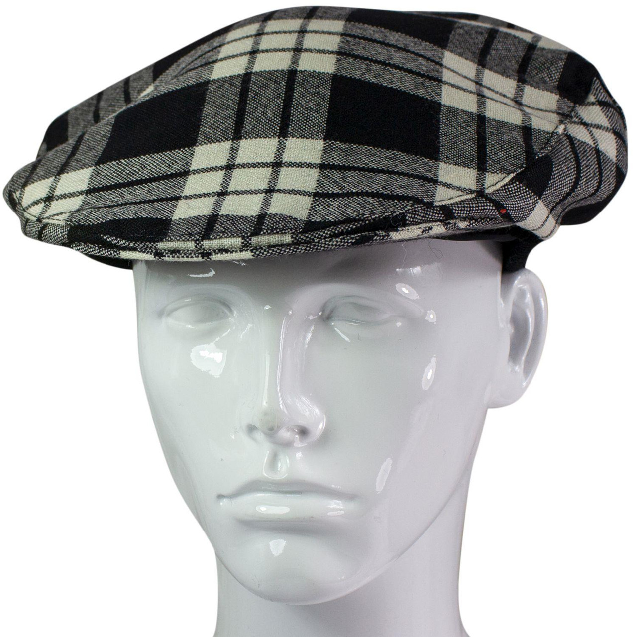 Mens Tartan Flat Cap MacFarlane Black and White Modern Tartan Plaid Design Mens and Womens One size Elasticated Band Comfort Fit Scottish Made