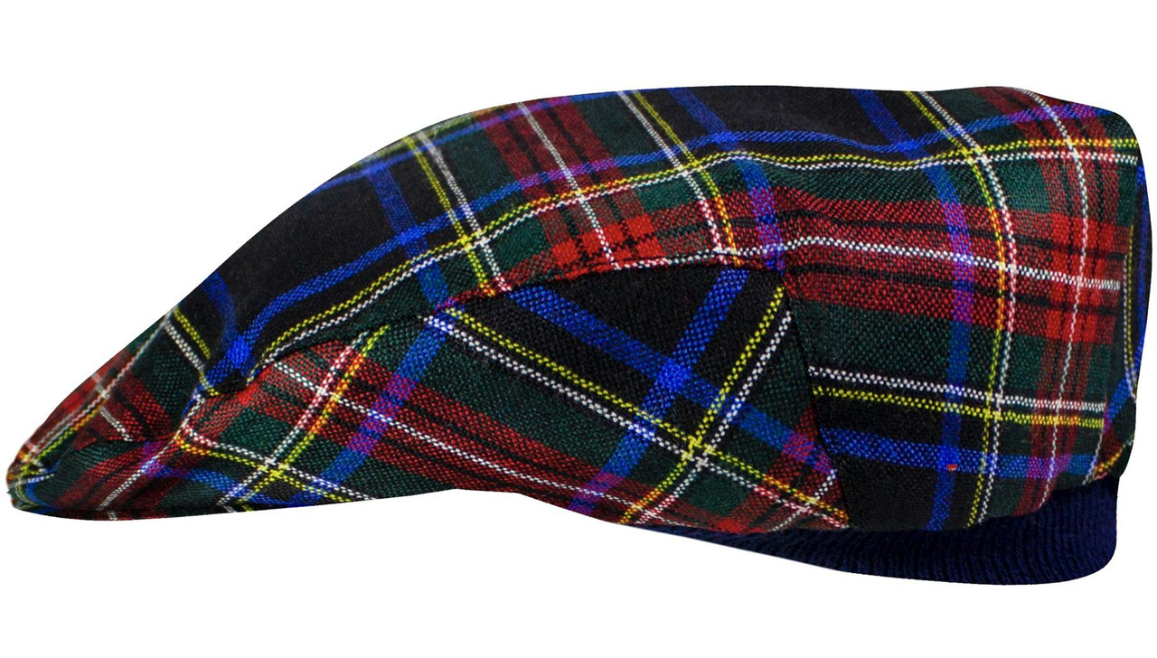 Mens Tartan Flat Cap Stewart Black Modern Tartan Plaid Design Mens and Womens One size Elasticated Band Comfort Fit Scottish Made