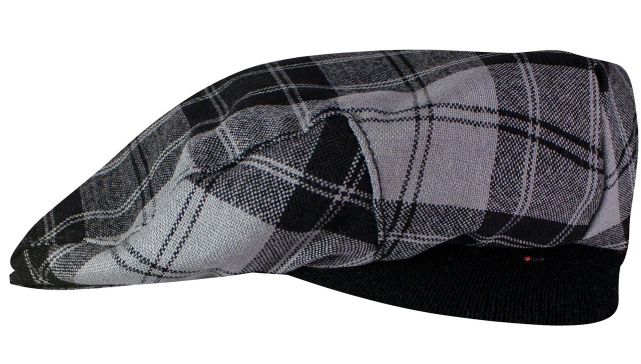 Mens Tartan Flat Cap Douglas Grey Modern Tartan Plaid Design Mens and Womens One size Elasticated Band Comfort Fit Scottish Made