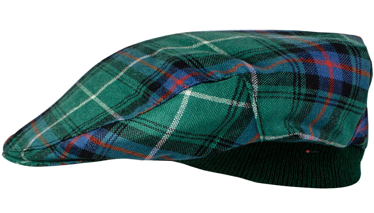 Mens Tartan Flat Cap MacDonald Of The Isles Green Ancient Tartan Plaid Design Mens and Womens One size Elasticated Band Comfort Fit Scottish Made