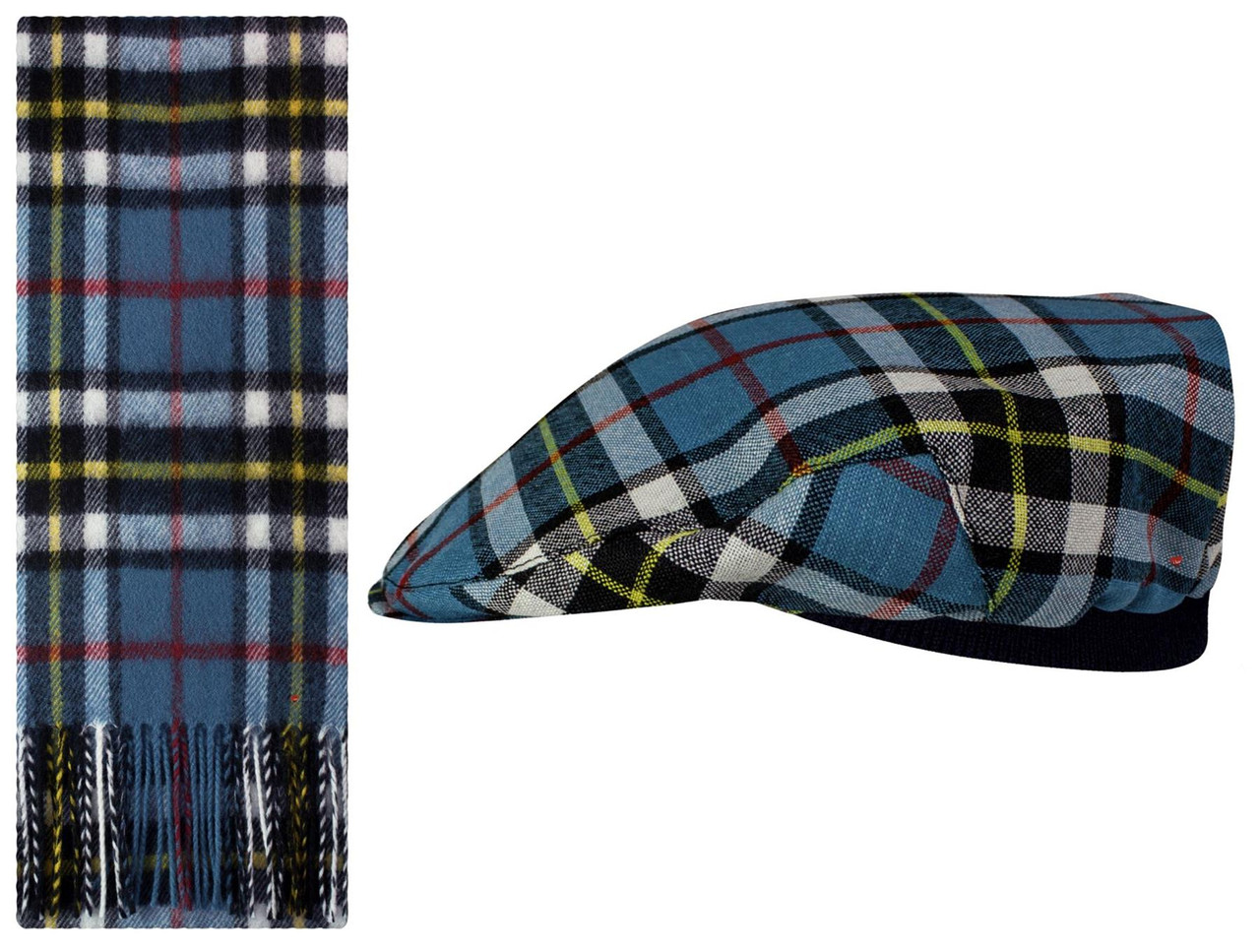 Lambswool Scarf & Flat Cap Matching Gift Set Thompson Blue Modern Tartan Plaid One Size