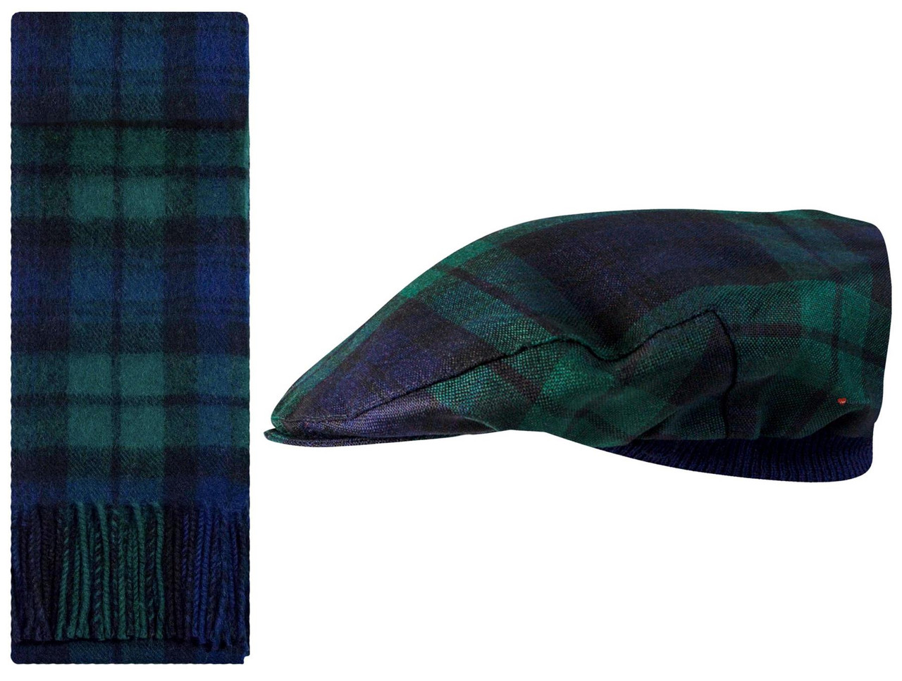 Lambswool Scarf & Flat Cap Matching Gift Set Black Watch Modern Tartan Plaid One Size