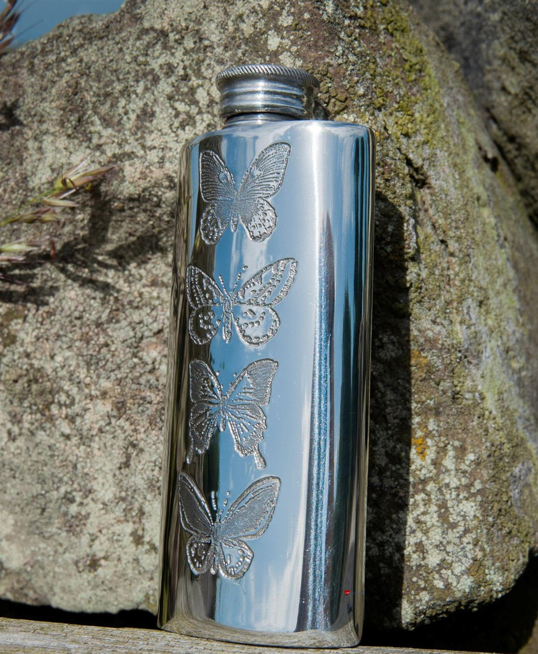 Small 2oz Pewter Purse Flask with Butterfly Design Can be Engraved on Back