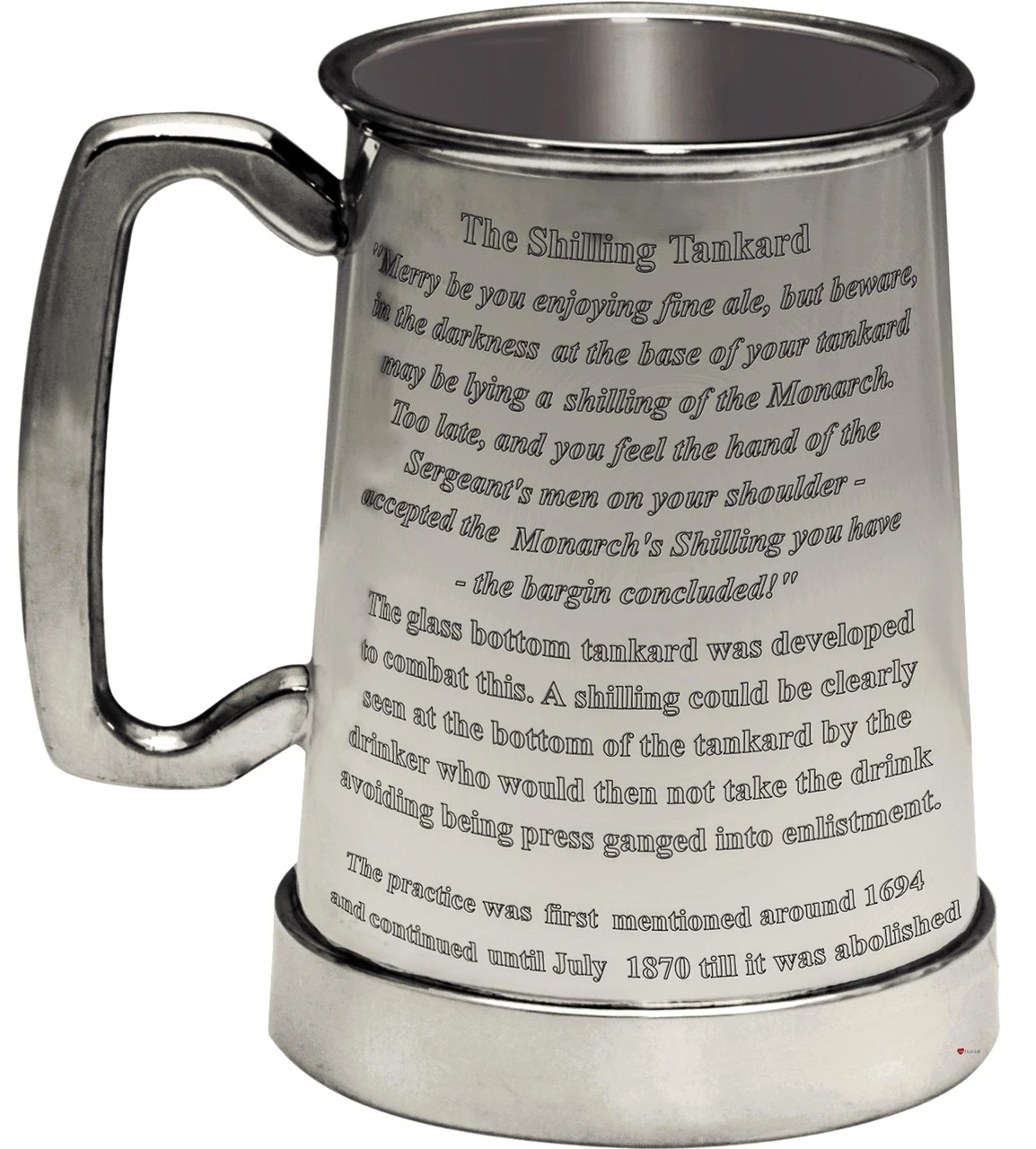 The King's Shilling 1pt Tankard Glass Bottom Hand Made English Pewter Tankard with C Shaped Handle - Beer tankard with Engraved Custom Text