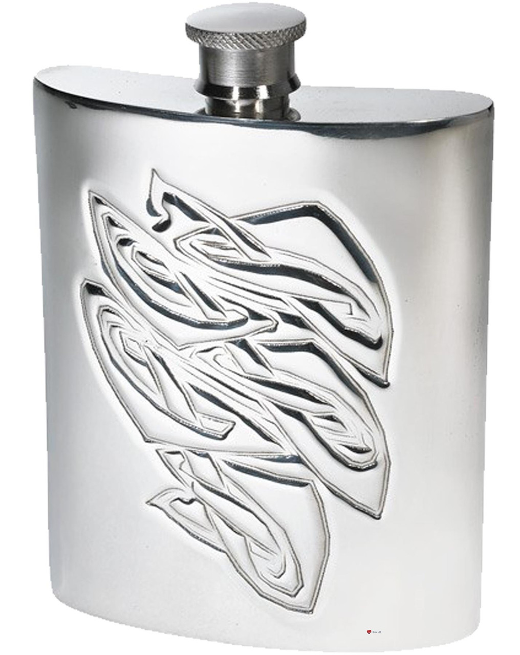 6oz Hip Flask With Archibald Knox Design embossed on front Kidney shaped pewter flask Bright Polished Finish Engravable on back Made in the UK