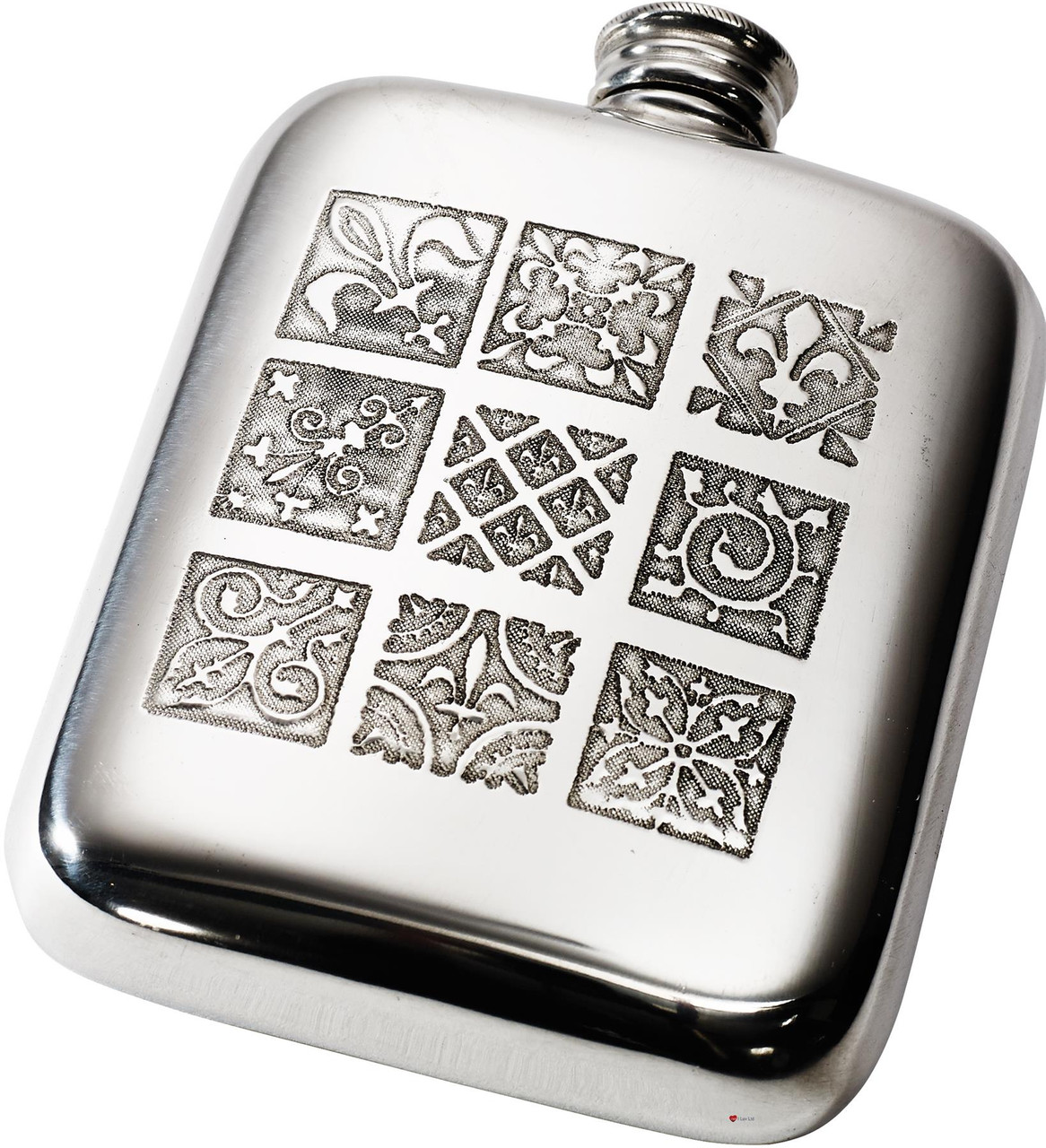 Pocket 4oz Pewter Hip Flask with Medieval Tile Motifs Pattern Embossed on Front, Bright Polished Finish Made in the UK