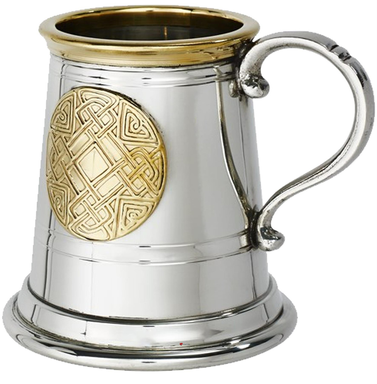 Quarter Pint Christening Gift Celtic Gold Embossed Brass Badge on front Brass Lip on Mug Pewter Georgian style Handle Ideal for Engraving Supplied in Satin Presentation Box Made in the UK