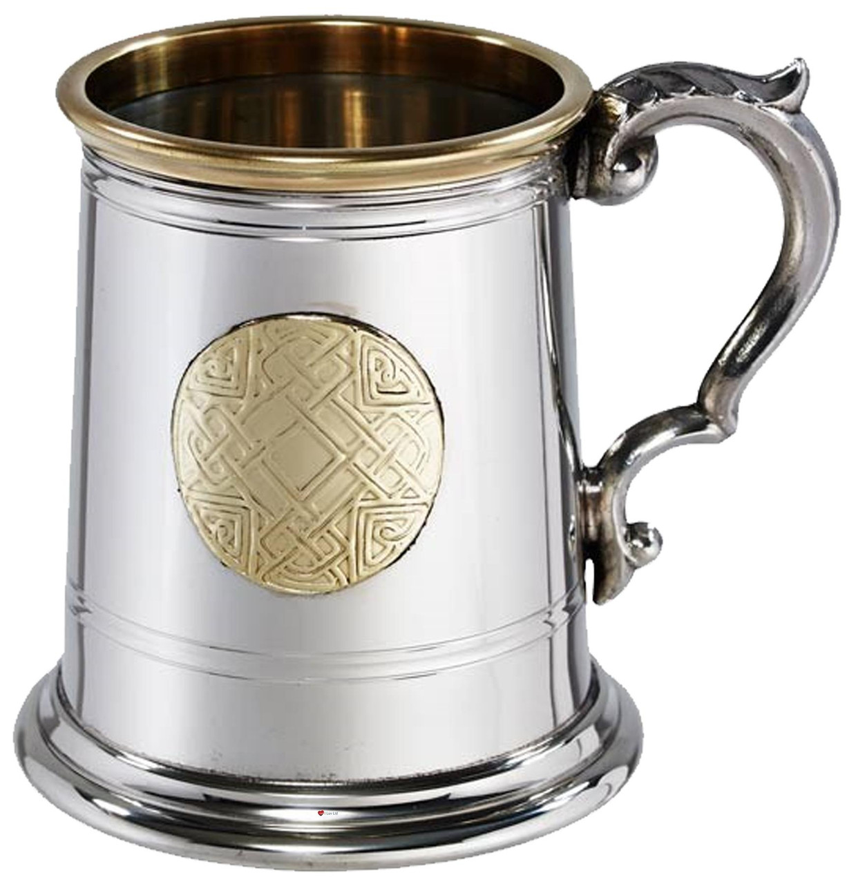 Pewter Tankard Half Pint Celtic Gold Embossed Celtic Gold badge on front Brass Lip Georgian style Handle High Quality 100% Pure Pewter Beer tankard Can Be Engraved Custom Text - Gift for Him/Her Made in the UK