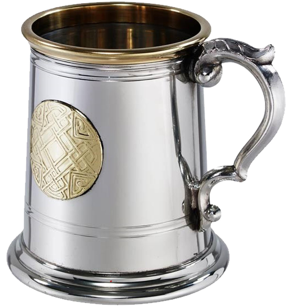 Pewter Tankard Half Pint Celtic Gold Embossed Celtic Gold badge on front Brass Lip Georgian style Handle High Quality 100% Pure Pewter Beer tankard Can Be Engraved Custom Text - Gift for Him/Her Made in the UK