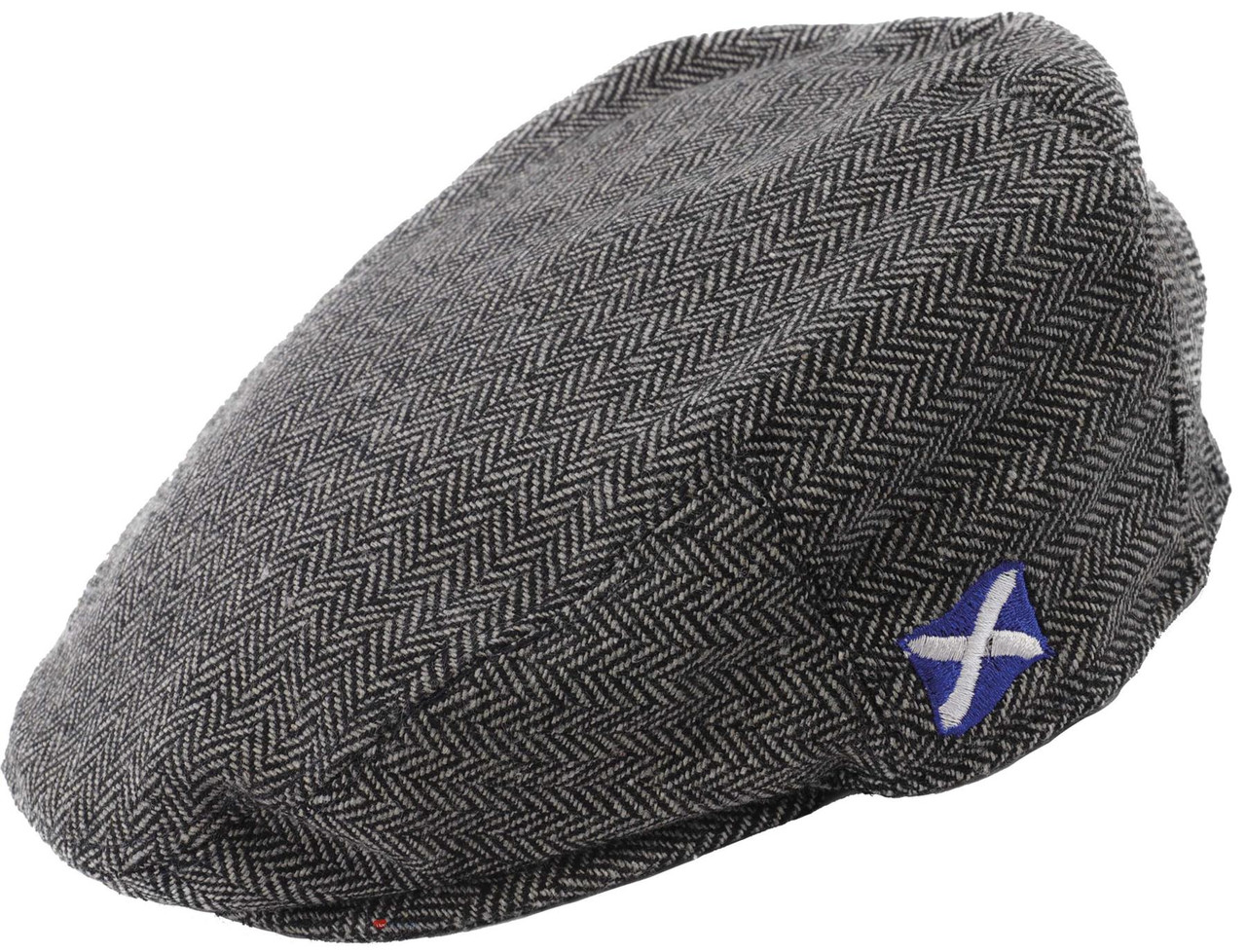 Tweed Flat Cap Grey Herringbone Fabric Embroidered Saltire Logo Traditional Scottish