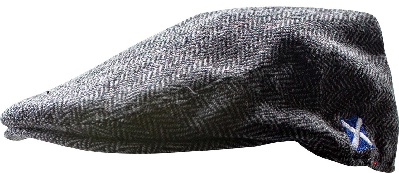 Tweed Flat Cap Grey Herringbone Fabric Embroidered Saltire Logo Traditional Scottish