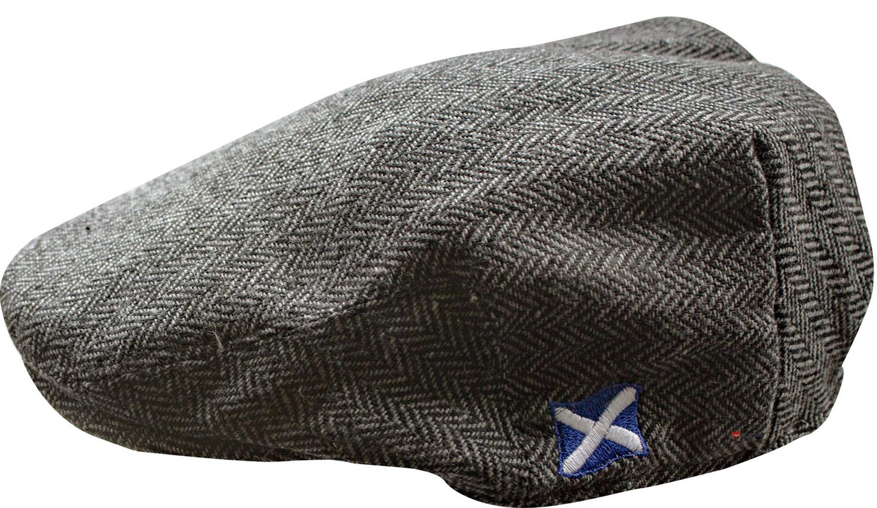 Tweed Flat Cap Grey Herringbone Fabric Embroidered Saltire Logo Traditional Scottish