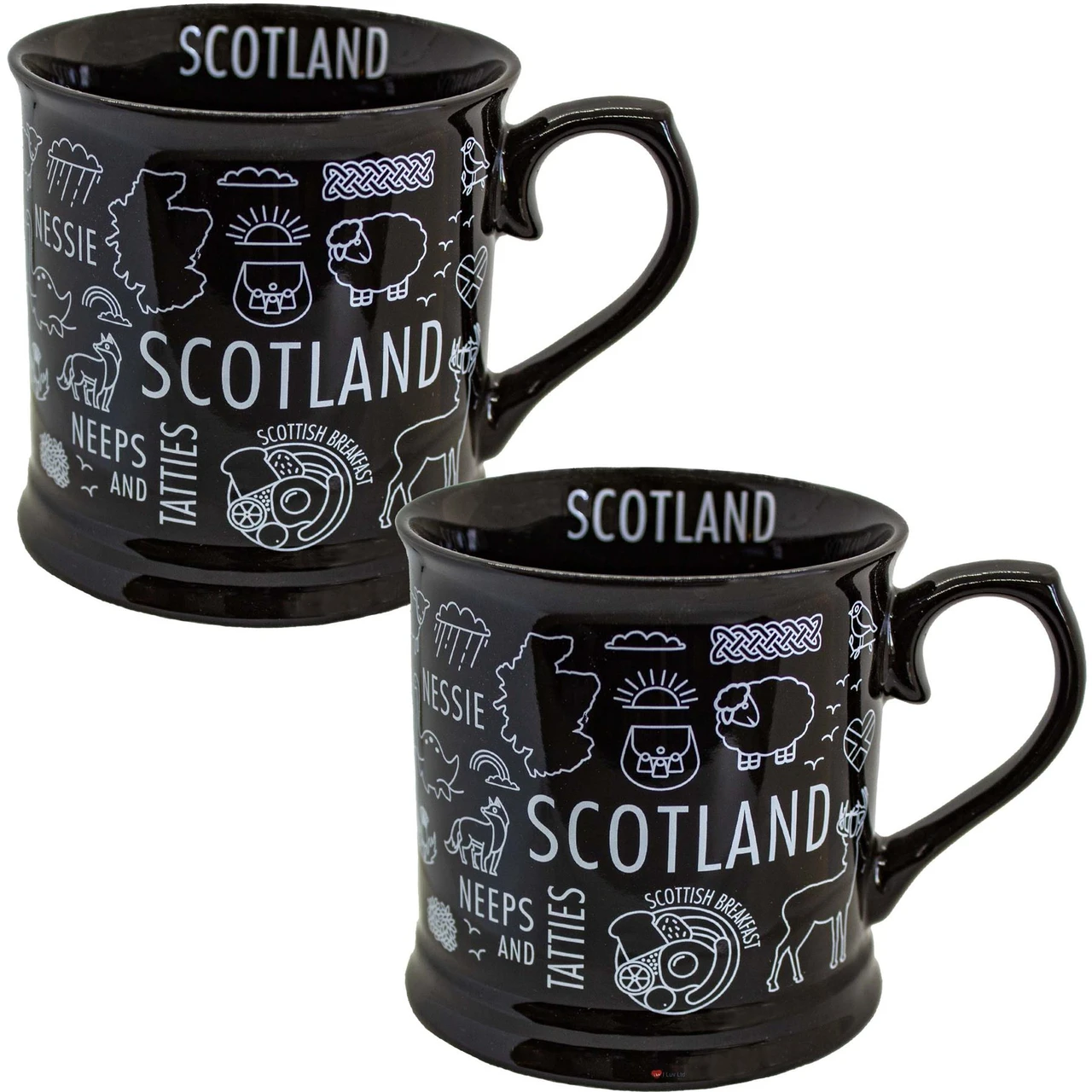 Scottish Black Tankard shape Mug Contains pictures in White on Black of iconic Scottish items Set of 2