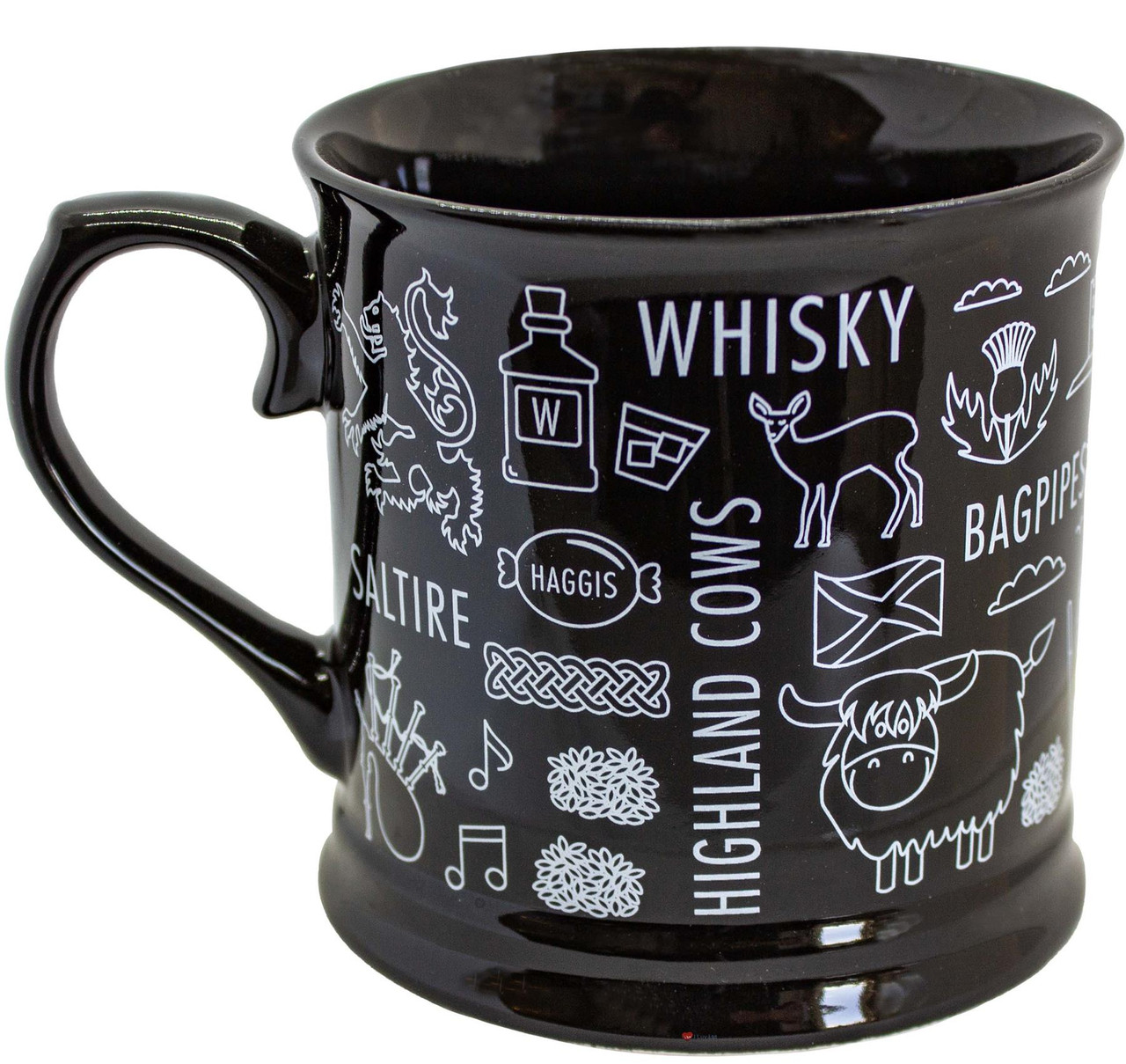 Scottish Black Tankard shape Mug Contains pictures in White on Black of iconic Scottish items Set of 2