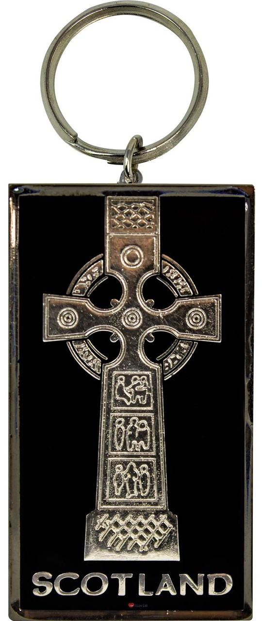 Scottish Souvenir Keyring Scottish Celtic Iona Medieval Cross Silver on Black on Brass Metal