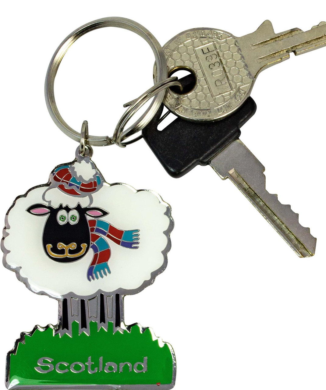 Scottish Souvenir Keyring Fun Sheep on White Body on Brass Metal