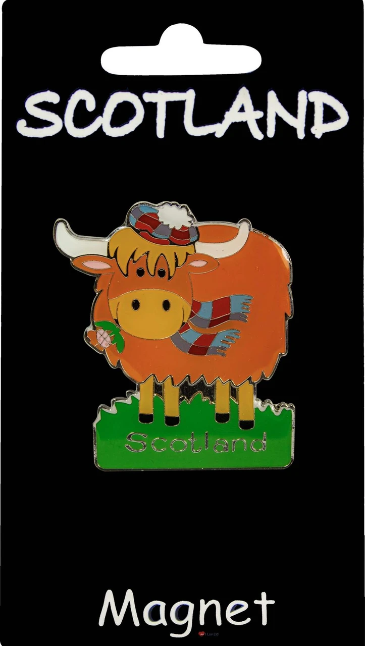 Highland Cow Fridge Magnet Scottish Traditional wearing Scarf and Tammy Hat