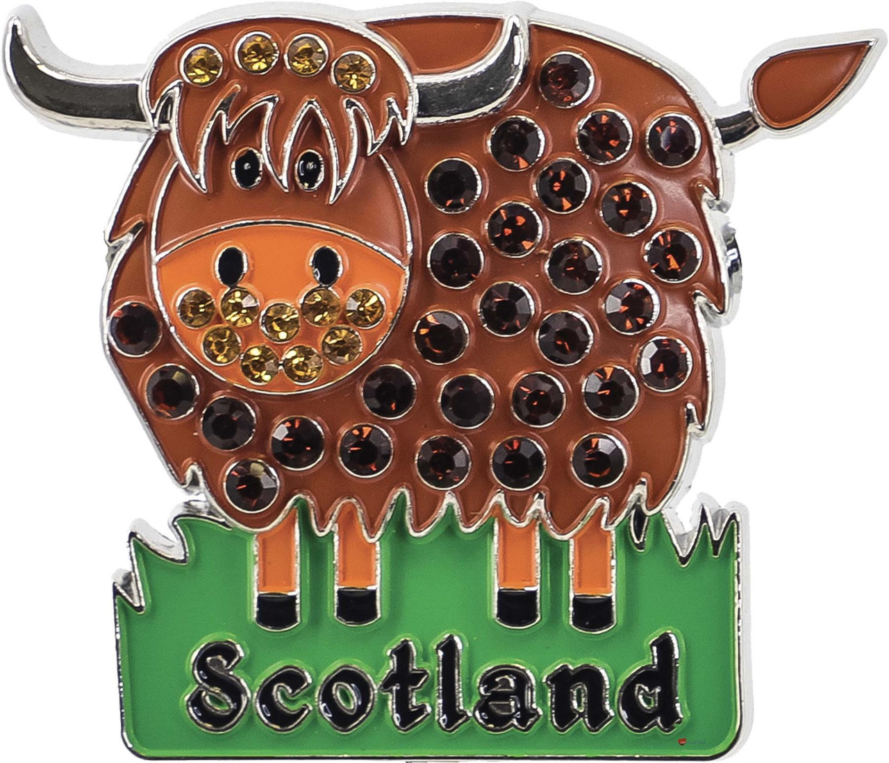 Enamel Fridge Magnet Highland Coo Crystal Bling with Scotland Banner