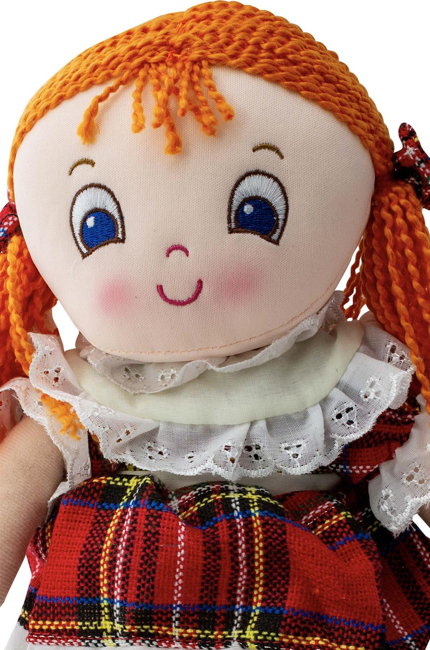 Scottish Rag Doll Soft Toy Wearing Traditional Tartan Dress and shoes Red Hair