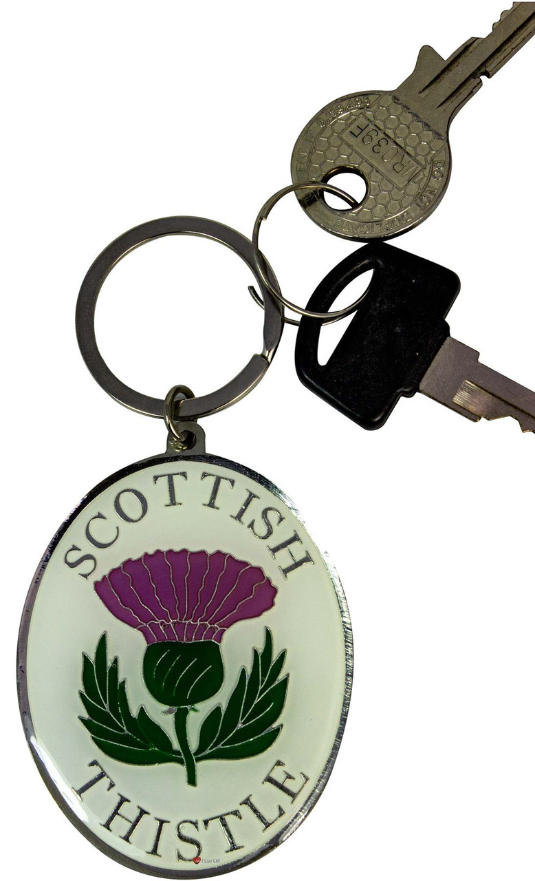 Scottish Souvenir Keyring Thistle Design on Oval White Brass Metal