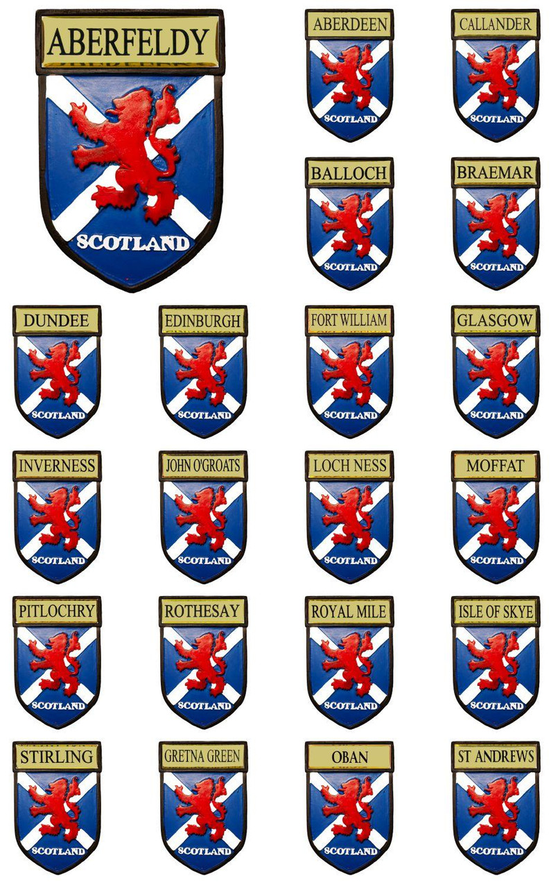 Resin Fridge Magnets Saltire with Rampant Lion on Scottish Place Names