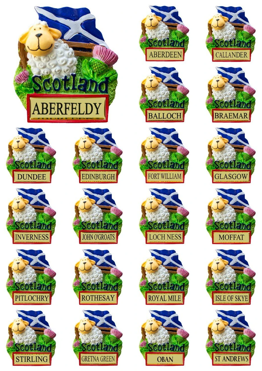 Fridge Magnet Sheep with Scotland Flag and Thistle Scottish Place Name