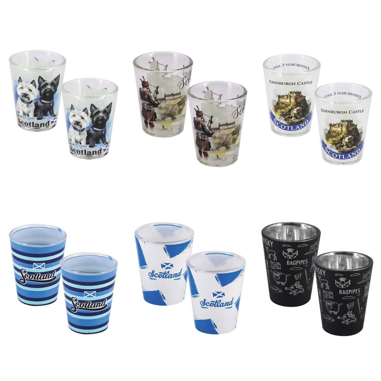 Set of 2 Tot Glasses 50ml Scottish Souvenir - Iconic Designs, Flags, Castles