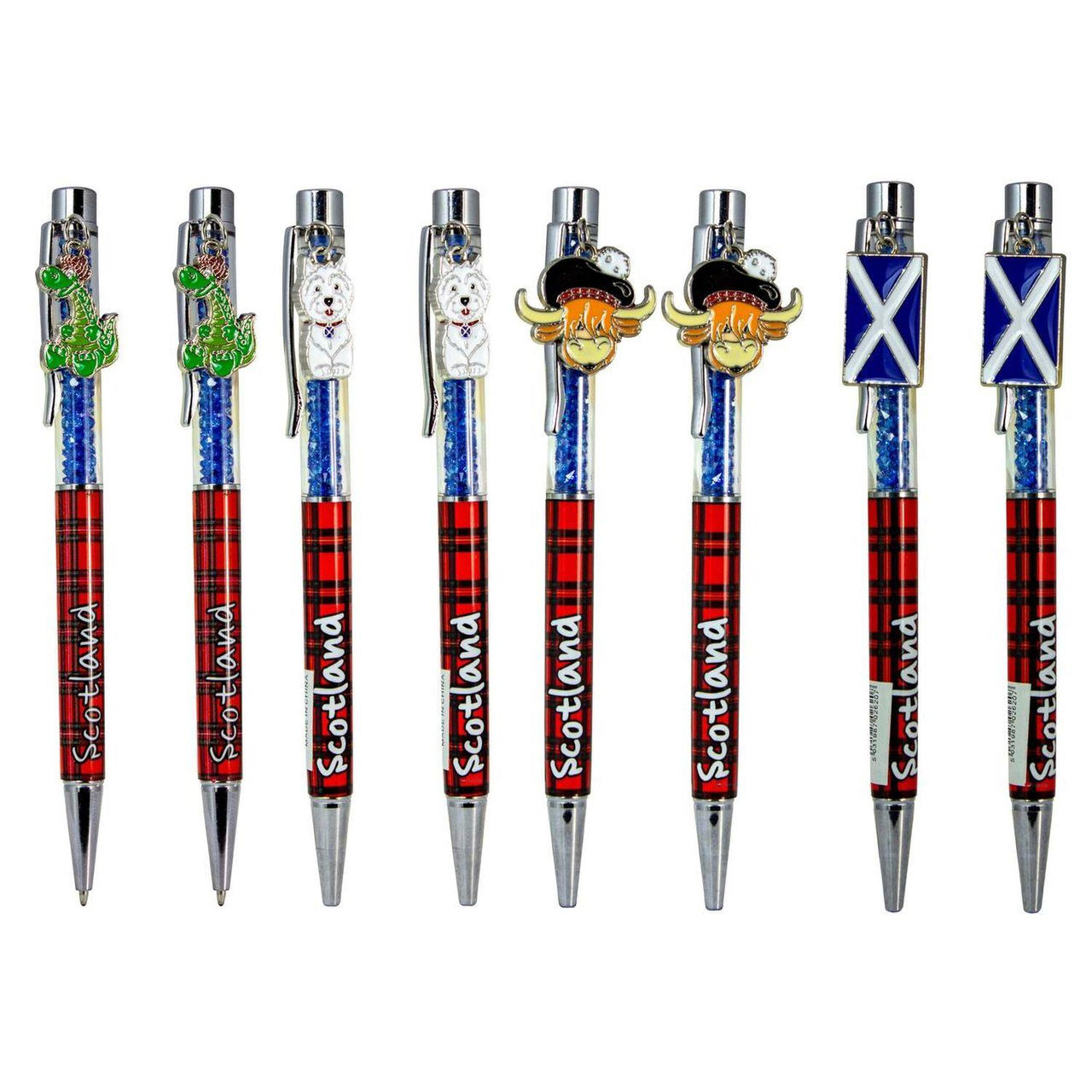 Crystal Charm Pen Black Ink Red Tartan Scottish Design Set of 2