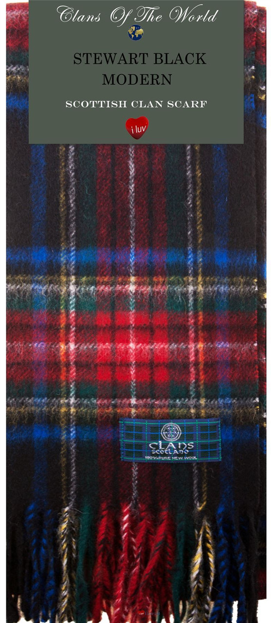 Stewart Black Modern Tartan Clan Scarf 100% Soft Lambswool