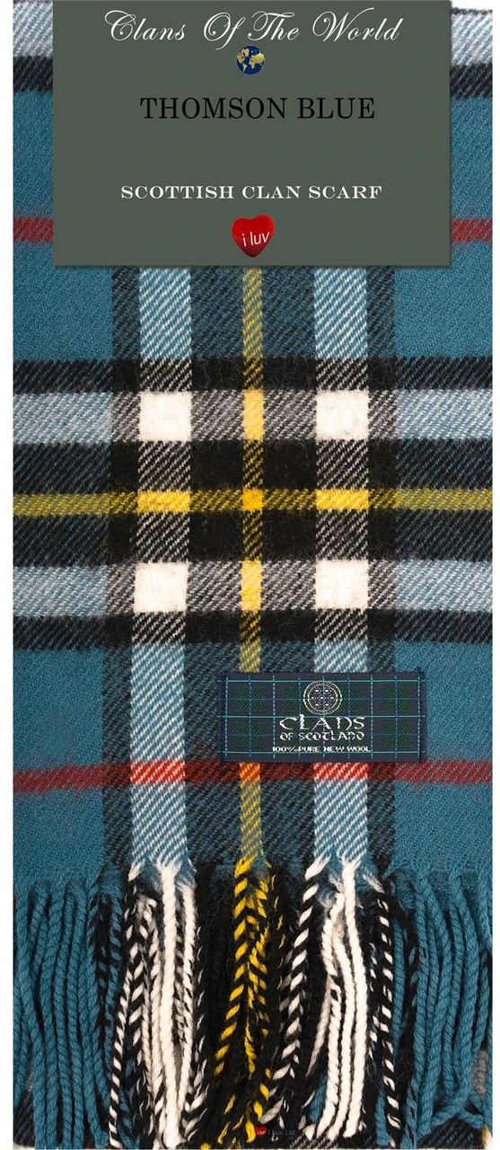 Thomson Blue Tartan Clan Scarf 100% Soft Lambswool