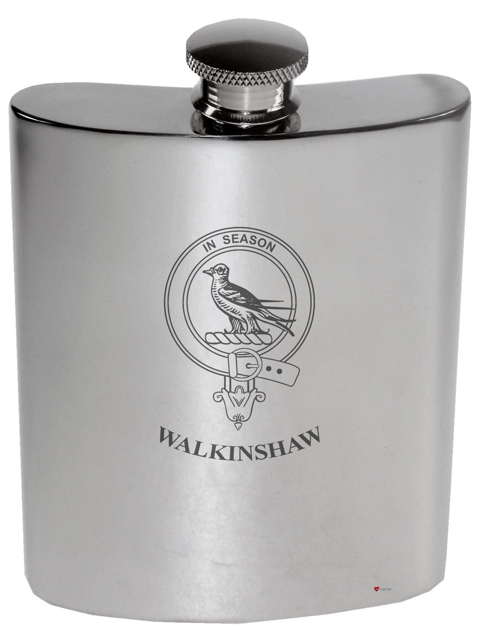 Walkinshaw Family Crest 6oz Polished Pewter Kidney Flask