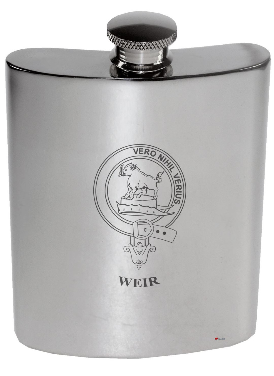 Weir Family Crest 6oz Polished Pewter Kidney Flask