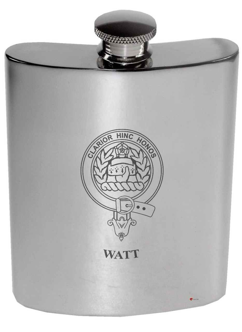 Watt Family Crest 6oz Polished Pewter Kidney Flask